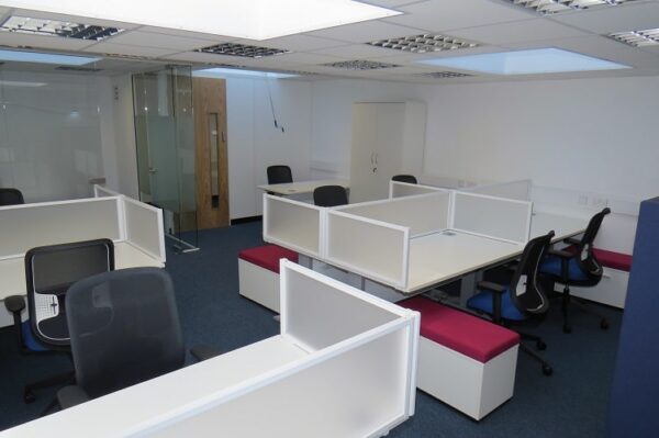 modern office desks with screens