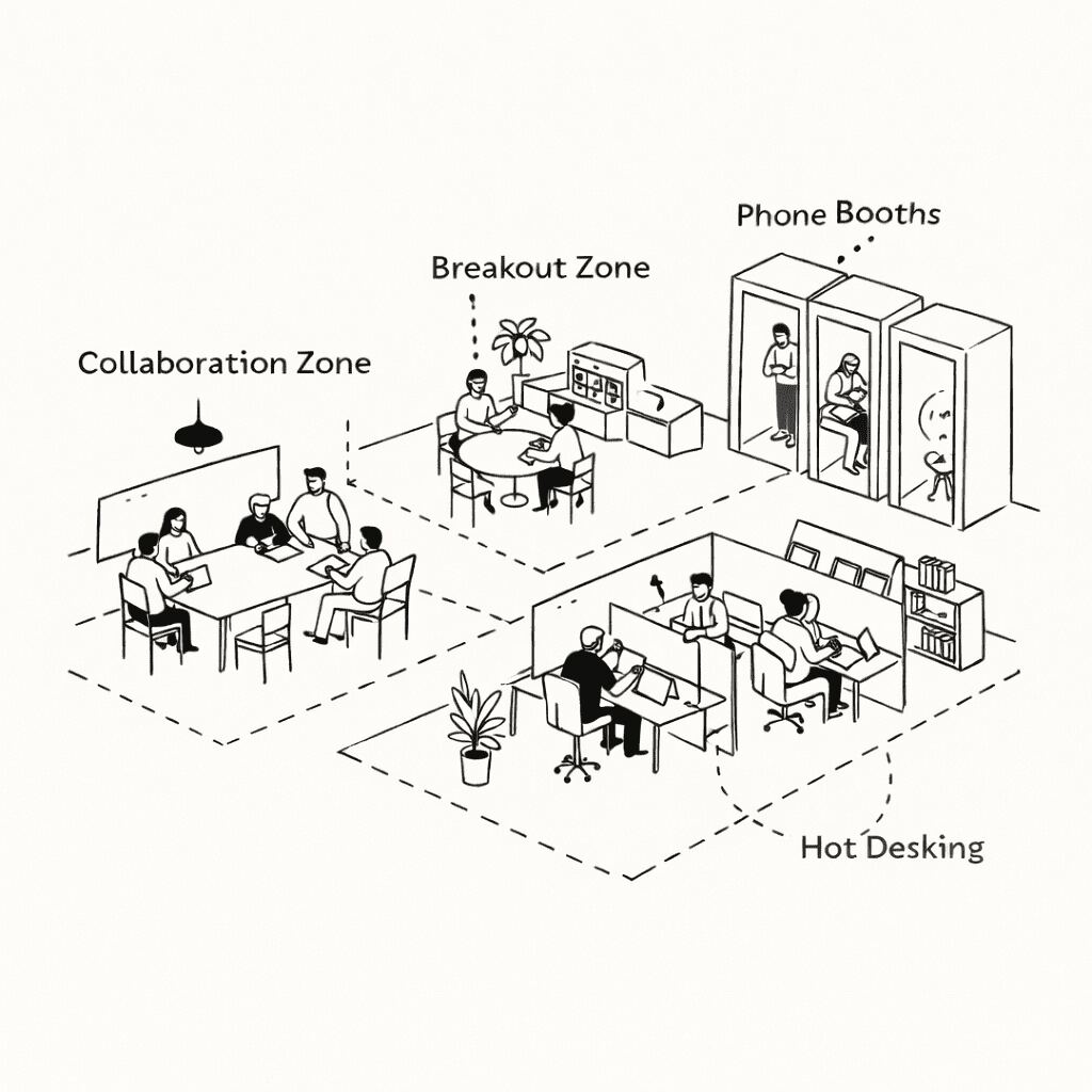 What to Expect During an Office Refurbishment in London: Timeline & Costs | Fusion Office Design Designing the hybrid office: a line drawing illustrating potential zones required in a hybrid office