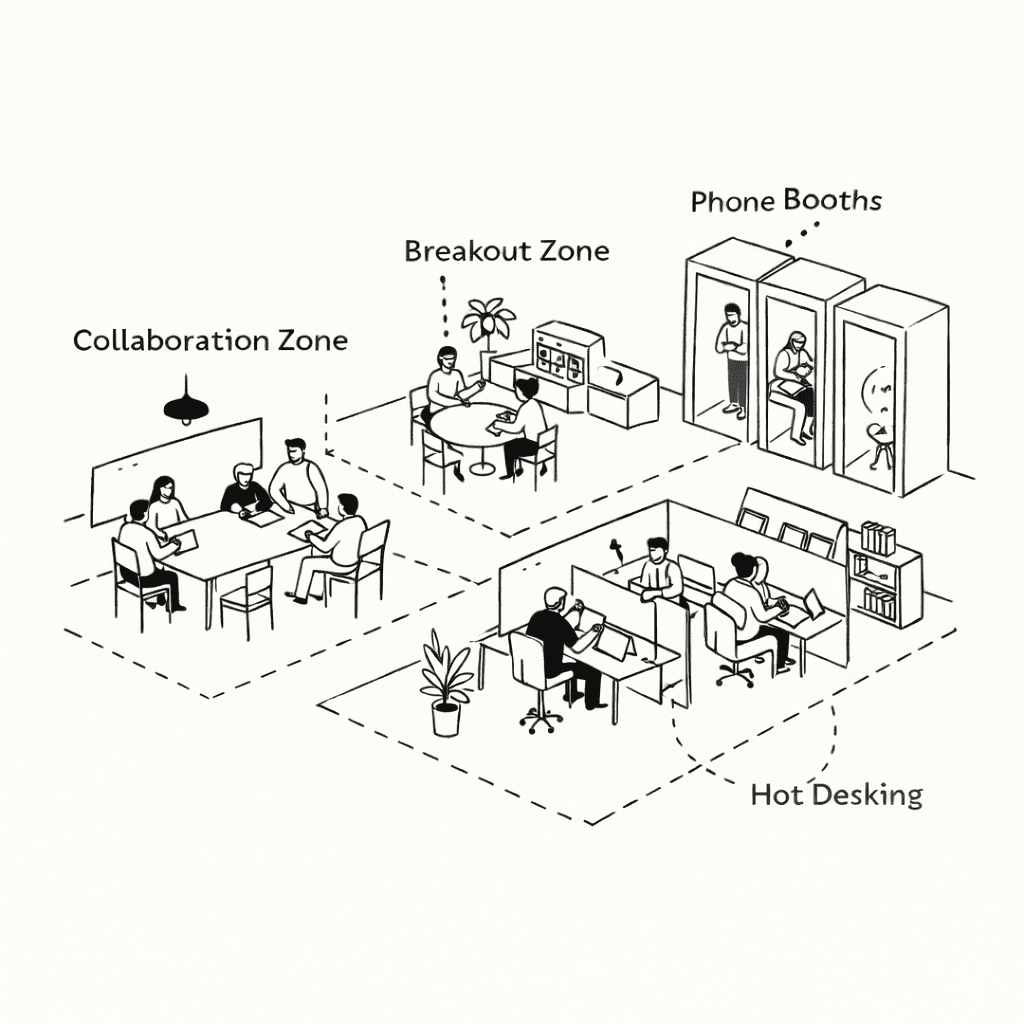 Designing the hybrid office: a line drawing illustrating potential zones required in a hybrid office