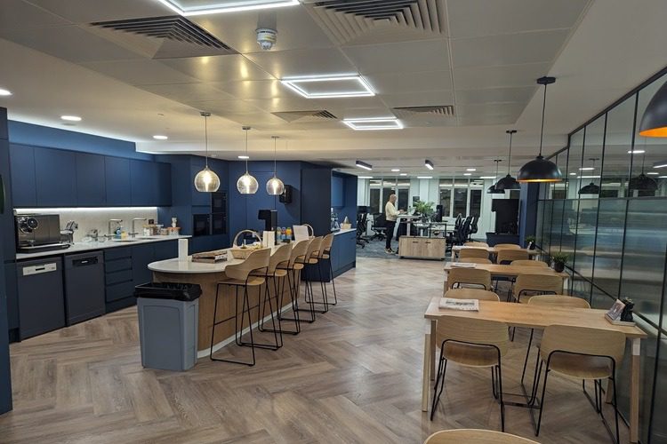 Central London office design and build project with bar seating and dining tables