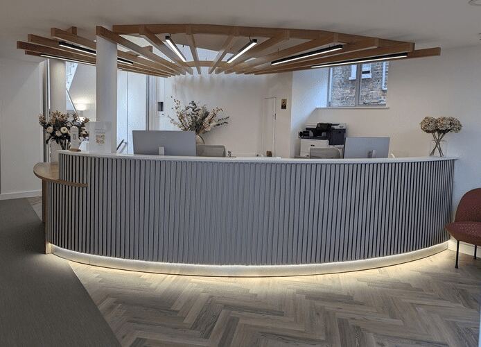 Home | Fusion Office Design Office fit out in London with a modern, curved reception desk