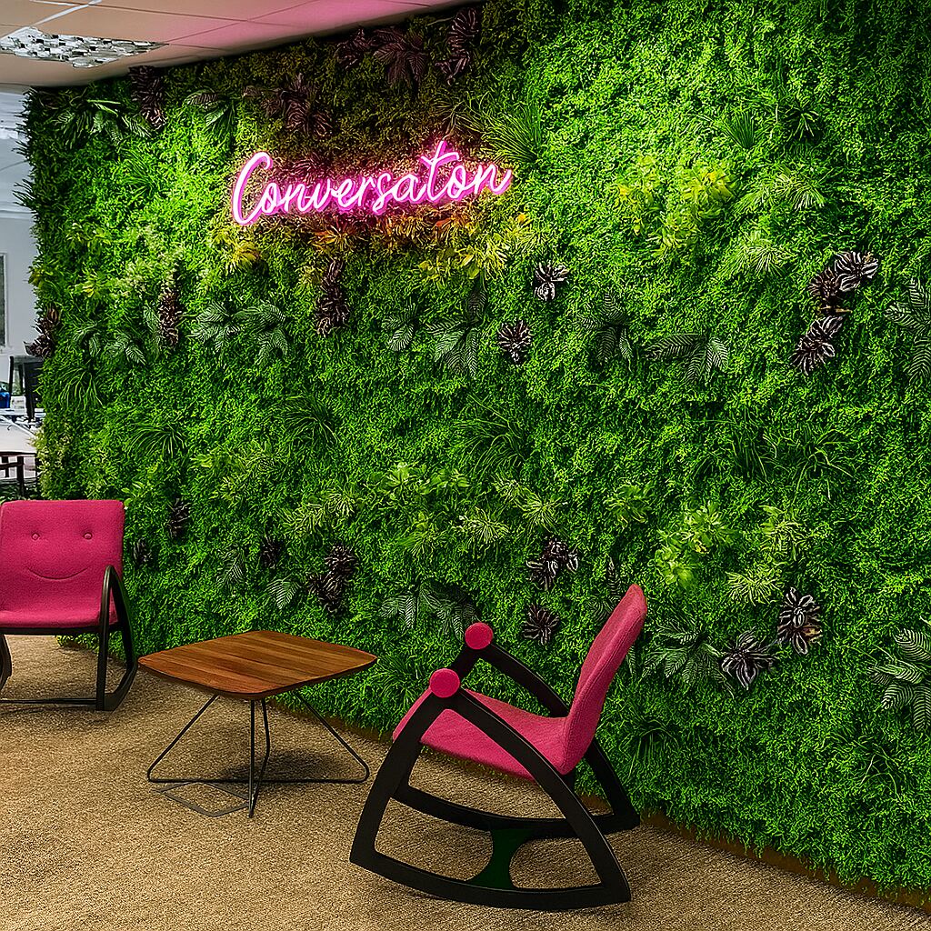 Creative Office Refurbishment Ideas for Small Offices in London | Fusion Office Design artificial plant wall in an open plan office