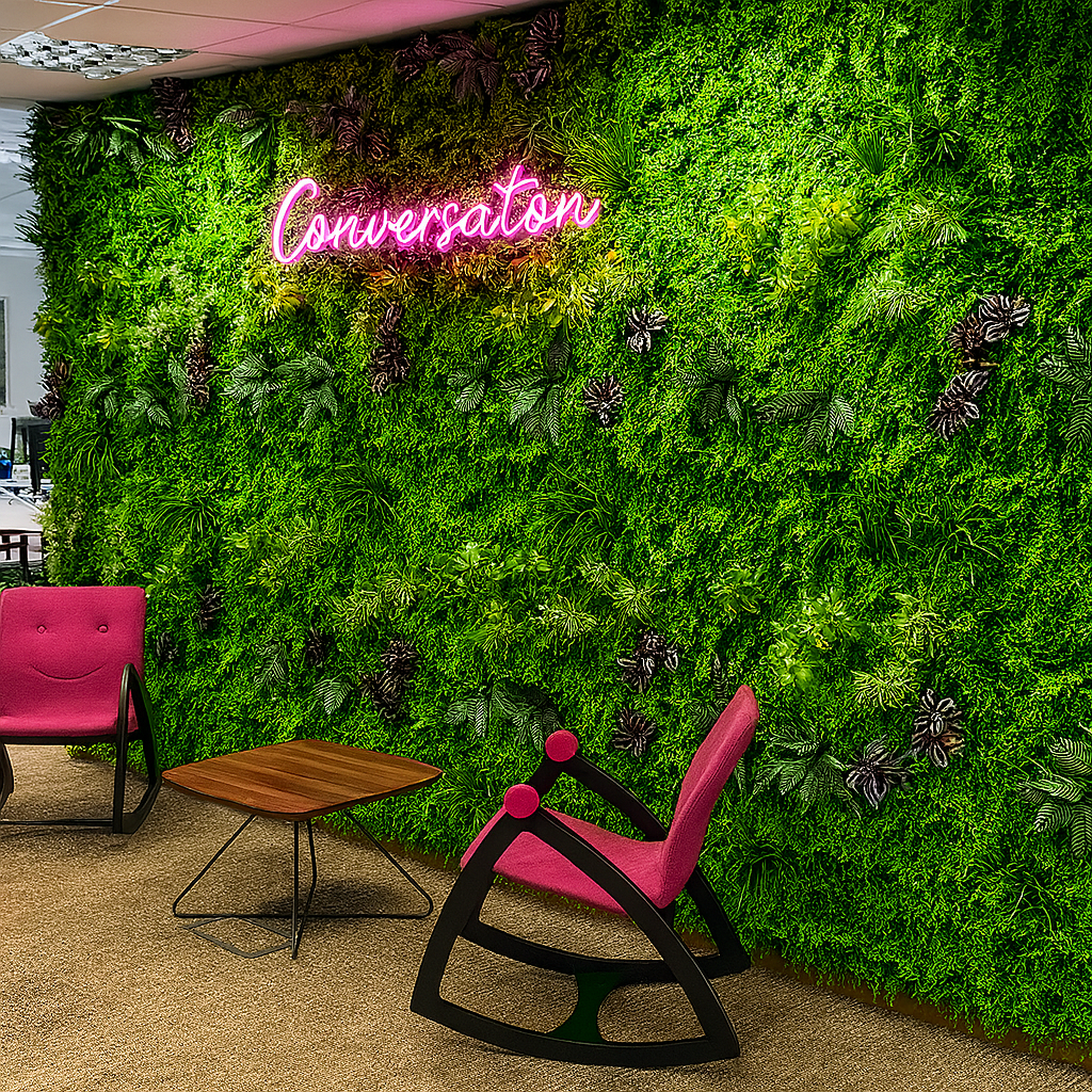 artificial plant wall in an open plan office