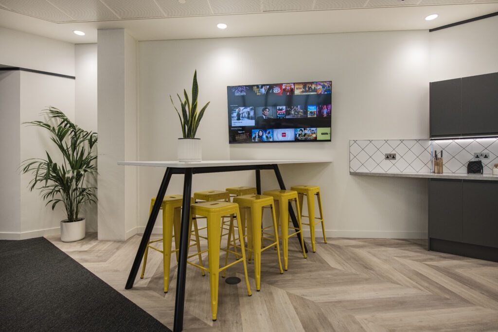 Poseur height seating in a co-working office refurbishment in London