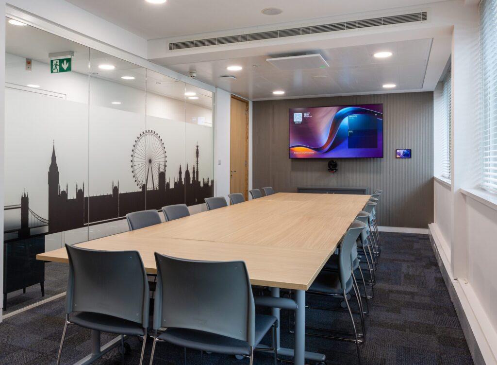 Boardroom with London skyline manifestation and modular furniture